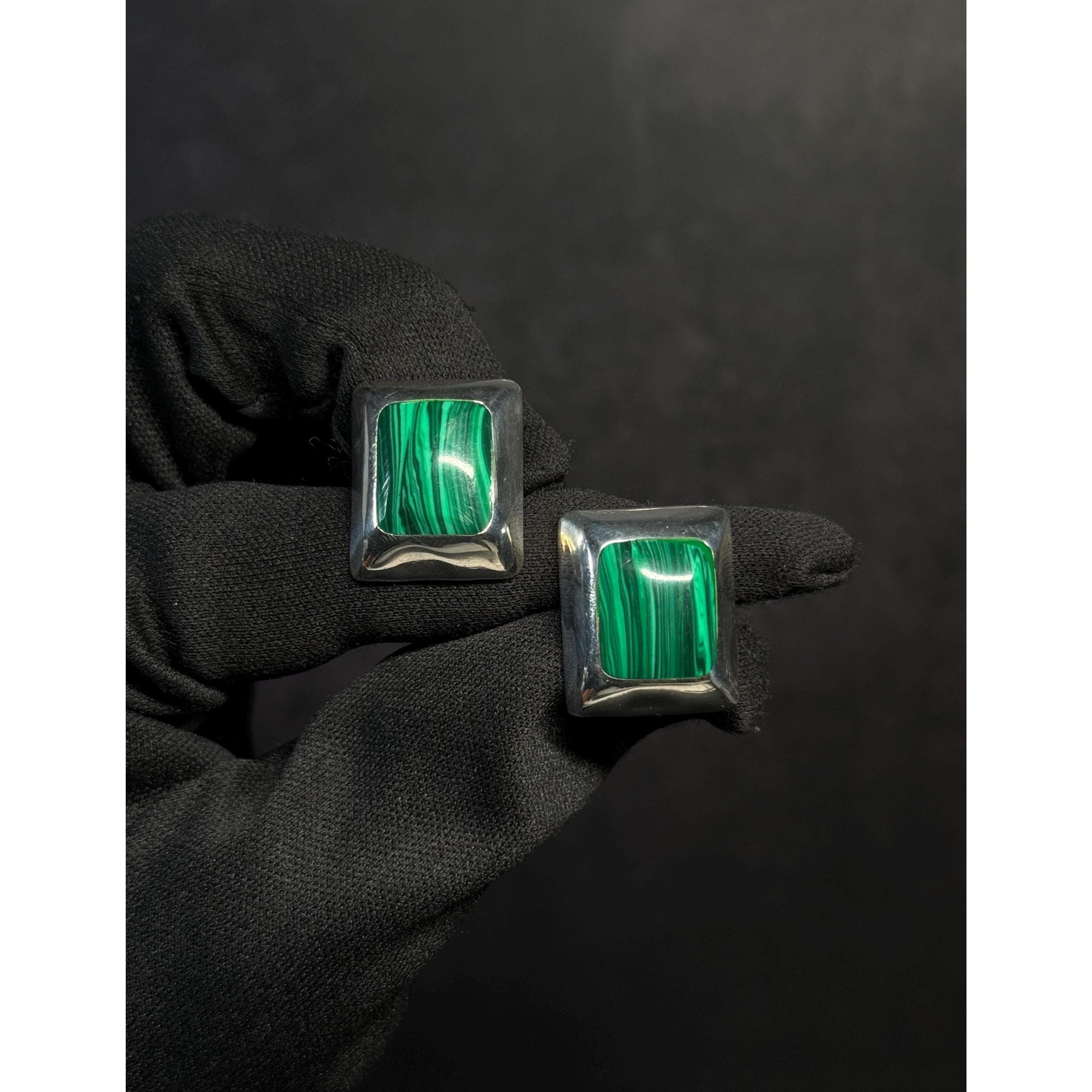 Taxco Sterling Silver Malachite Square Stud Earrings Mexico Ta-11